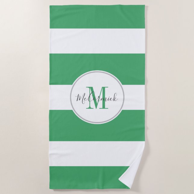 Serviette De Plage Script moderne blanc rayé vert personnalisé (Devant)