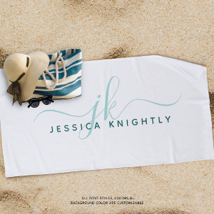 Serviette De Plage Script moderne Monogramme Turquoise Turquoise Blan