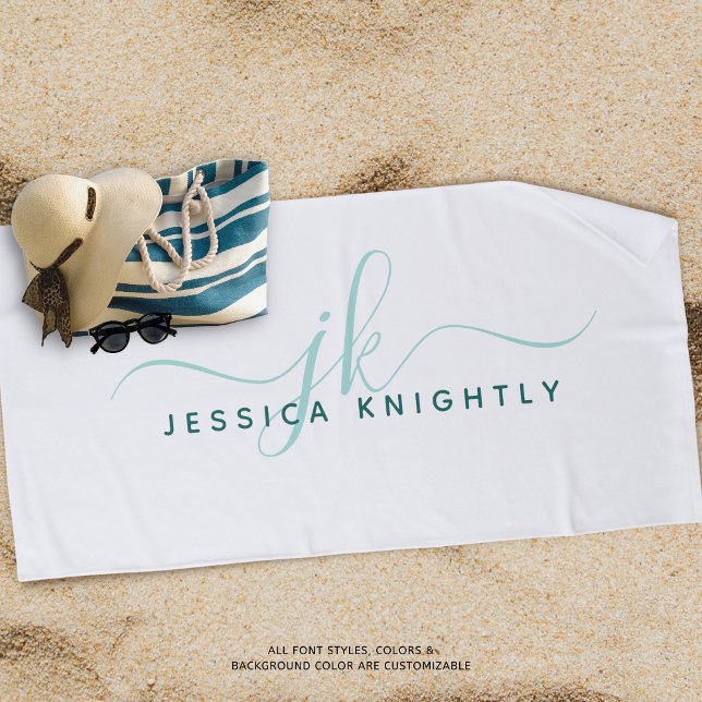 Serviette De Plage Script moderne Monogramme Turquoise Turquoise Blan (Créateur téléchargé)