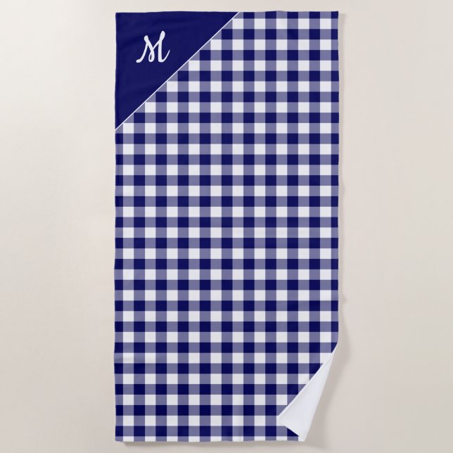 Serviette De Plage Script Monogram Marine White Buffalo Check Motif (Devant)