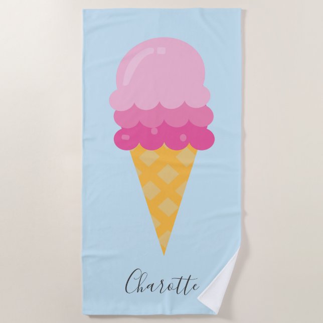 Serviette De Plage Script monogramme bleu crème glacé rose (Devant)