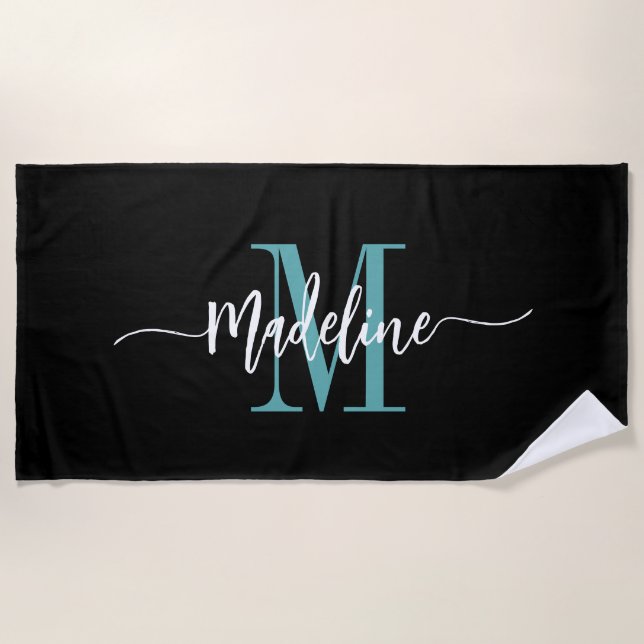 Serviette De Plage Script Monogramme Style Personnalisé Noir Turquois (Devant)