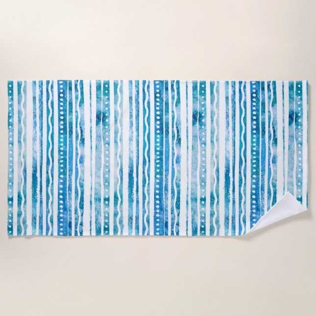 Serviette De Plage Seabreeze Aquarelle Bleu Stripe Motif (Devant)