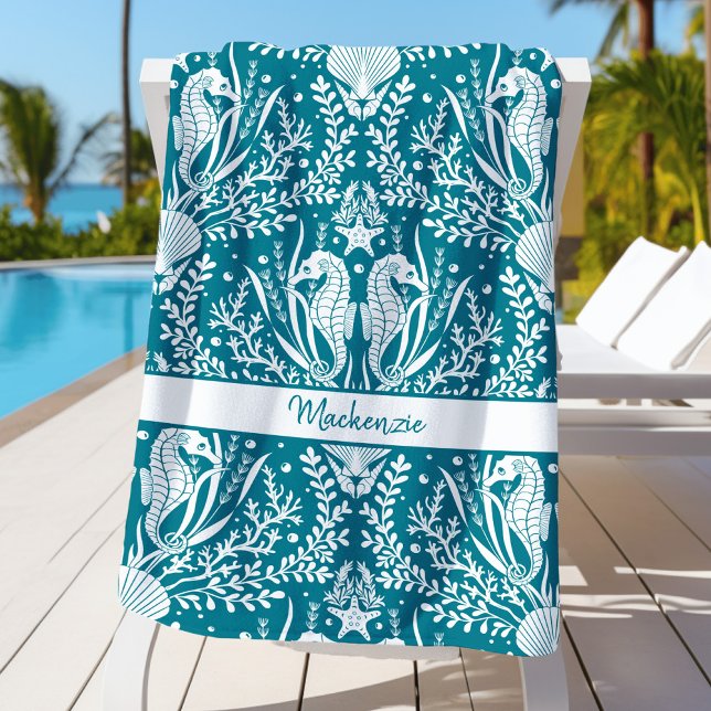Serviette De Plage Seahors Turquoise Bleu Blanc Personnalisé (Créateur téléchargé)