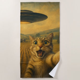 Serviette De Plage Selfie De Chat Avec Alien UFO Drôle Cadeaux De Cha
