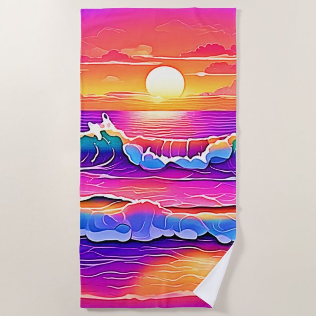 Serviette De Plage Sérénité du coucher de soleil de la vague rétro (Devant)