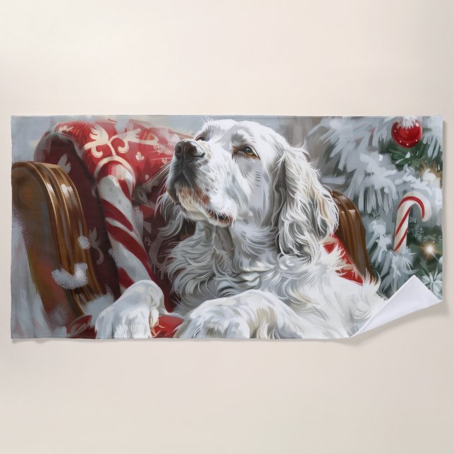 Serviette De Plage Setter anglais de Noël festif (Devant)