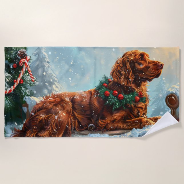 Serviette De Plage Setter Rouge Irlandais Noël Fêtard (Devant)