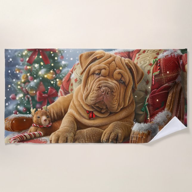 Serviette De Plage Shar Pei Chien Festif de Noël (Devant)
