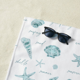Serviette De Plage Shells Starfish Sun Fun Texte Turquoise ID918