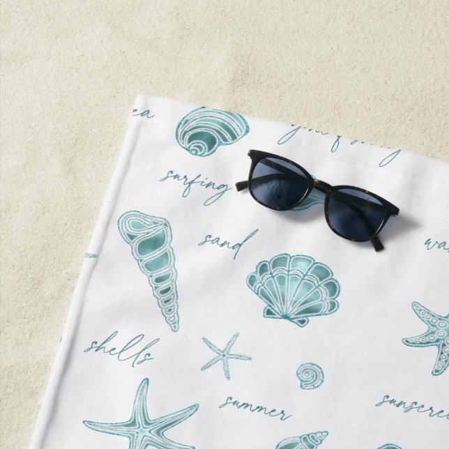 Serviette De Plage Shells Starfish Sun Fun Texte Turquoise ID918 (En situation)