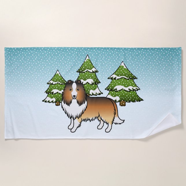 Serviette De Plage Shetland Sheepdog Sable Dans Une Forêt D'Hiver (Devant)