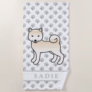 Serviette De Plage Shiba Inu crème Chien de dessin animé mignon & nom