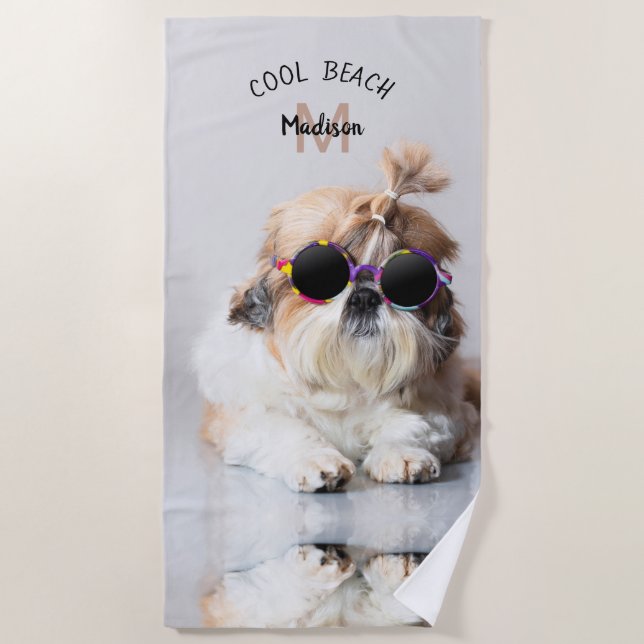 Serviette De Plage Shih Tzu Cool Beach Lunettes de soleil Monogramme  (Devant)