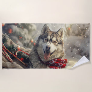 Serviette De Plage Sibérie Husky Chien Festif de Noël