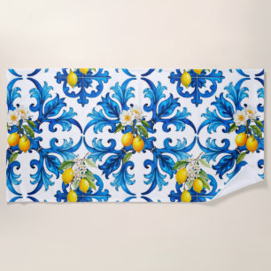 Serviette De Plage sicilien, été, citron, mosaïque, bleu,