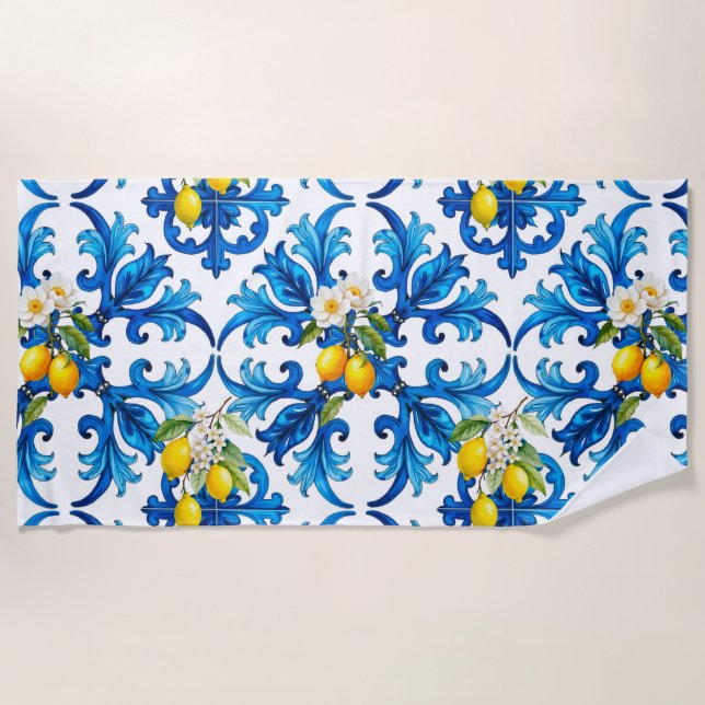 Serviette De Plage sicilien,été,citron,mosaïque,bleu, (Devant)