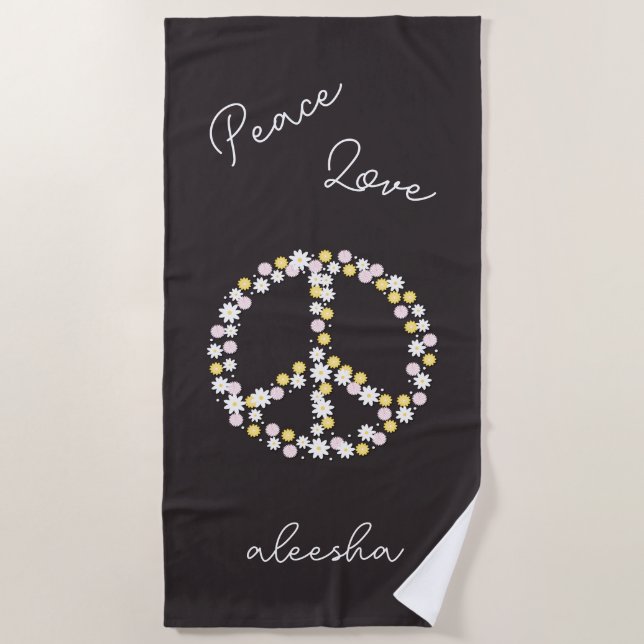 Serviette De Plage Signe de Paix Floral Amour Personnalisé (Devant)