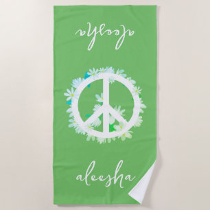 Serviette De Plage Signe de paix floral tropical personnalisé vert lu
