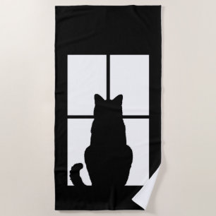 Serviette De Plage Silhouette de chat de fenêtre