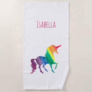 Serviette De Plage Silhouette de licorne d'arc-en-ciel d'aquarelle