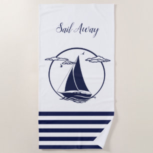 Serviette De Plage Silhouette de voilier blanc marine/départ