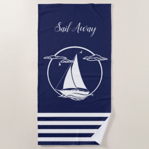 Serviette De Plage Silhouette de voilier blanc marine/départ