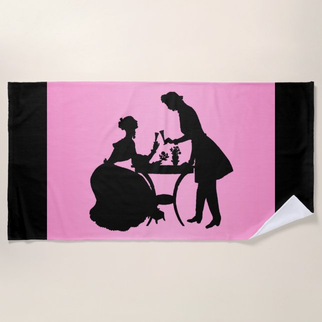 Serviette De Plage Silhouette noire sur vin romantique rose Couple (Devant)