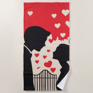 Serviette De Plage Silhouette romantique Couple Coeurs Cityscape