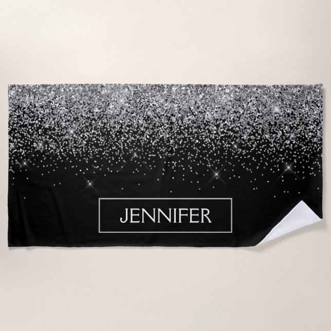 Serviette De Plage Silver Black Parties scintillant Girl Monogramme N (Devant)
