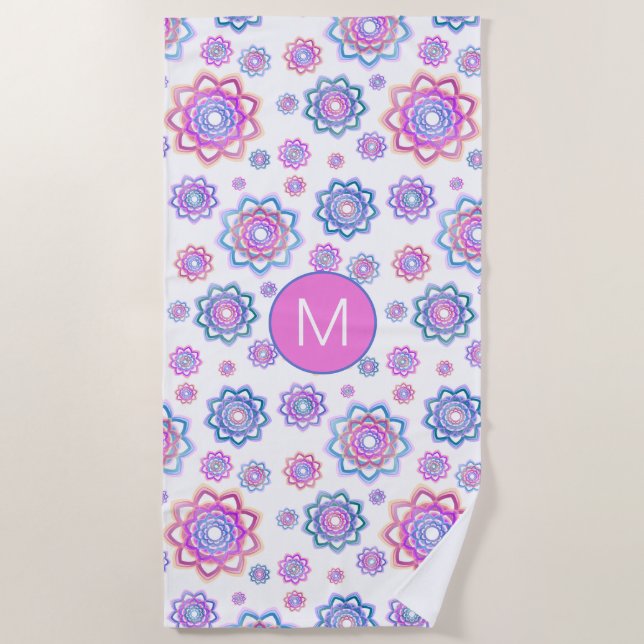 Serviette De Plage Simple Floral Lotus Monogram Rose Pastel Vert (Devant)