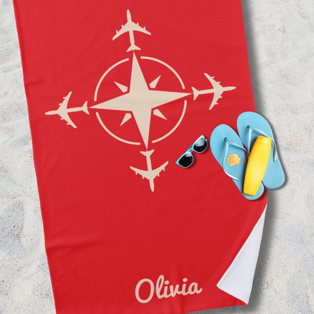 Serviette De Plage Simple Modern Compass and Airplane Travel Custom (Créateur téléchargé)