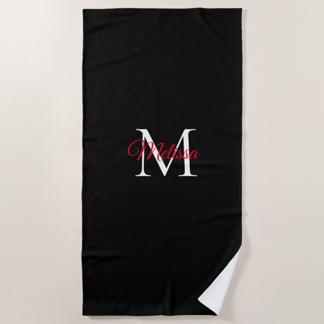 Serviette De Plage Simple moderne monogramme noir rouge (Devant)