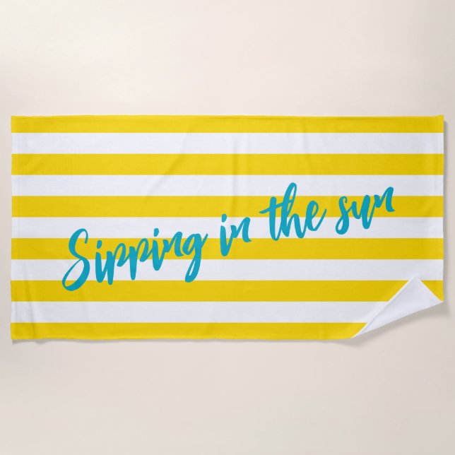 Serviette De Plage Sipping In The Sun Cute Yellow White Stripe Party (Devant)