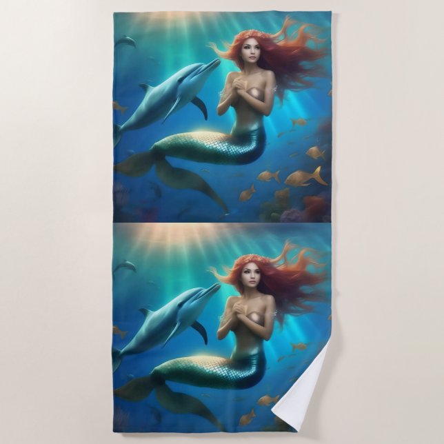 Serviette De Plage Sirène Angélique Nageant Avec Dauphins, (Devant)