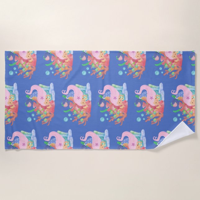SERVIETTE DE PLAGE SIRÈNE AUX CHEVEUX ROSES  (Devant)