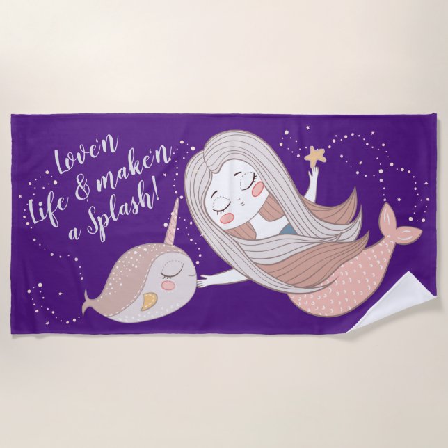 Serviette De Plage Sirène mignonne et narval personnalisable (Devant)