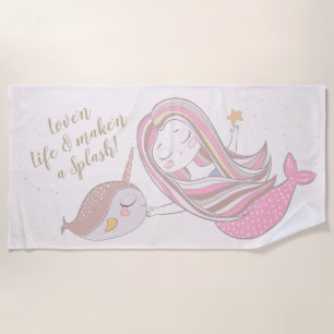 Serviette De Plage Sirène mignonne et narval personnalisable