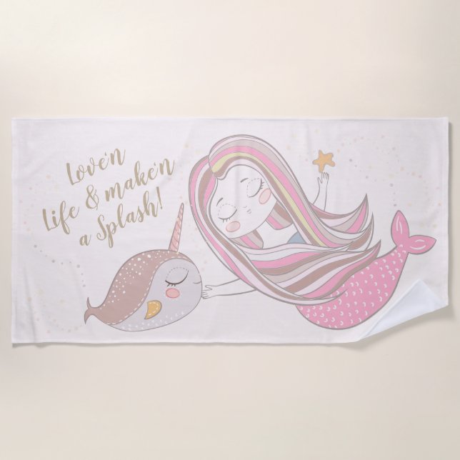 Serviette De Plage Sirène mignonne et narval personnalisable (Devant)