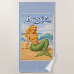 Serviette De Plage Sirènes Rétro Épingle Artistique Vagues Côte Bleue