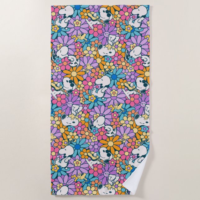 Serviette De Plage Snoopy & Motif de fleurs de bois (Devant)