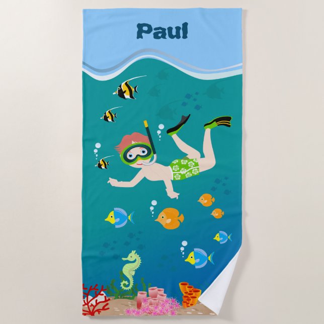 Serviette De Plage Snorkeling avec poisson tropical garçon fête d'ann (Devant)
