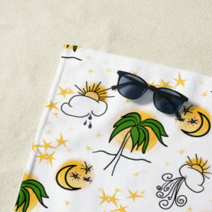 Serviette De Plage Soleil Jaune, Étoiles et Lune avec Palme Vert