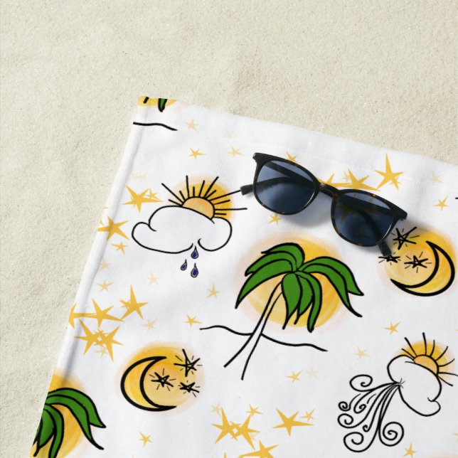 Serviette De Plage Soleil Jaune, Étoiles et Lune avec Palme Vert (En situation)