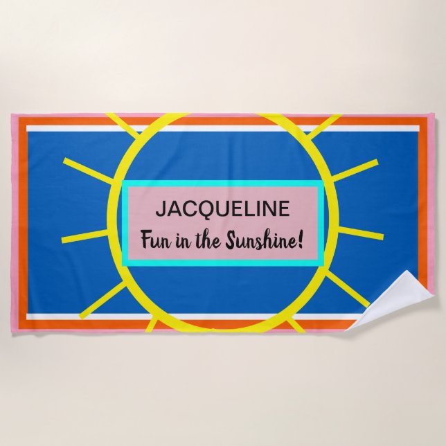 Serviette De Plage Soleil Jaune Rose Bleu Orange NOM (Devant)