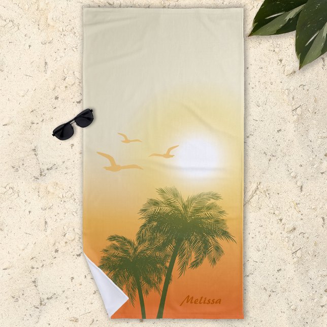 Serviette De Plage Soleil Orange Et Palmiers Vert Tropical Été (Créateur téléchargé)