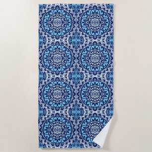 Serviette De Plage Soleil Sud-Ouest Mandala Batik, bleu marine et bla