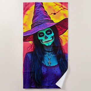 Serviette De Plage Sorcière d'Halloween avec conception de visage crâ