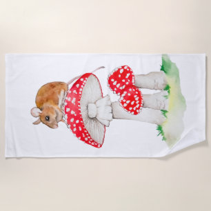Serviette De Plage Souris mignonne sur amanite tue-mouches aquarelle