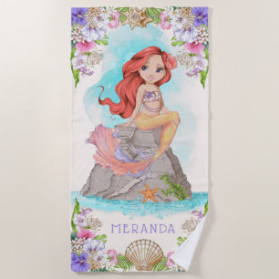 Serviette De Plage Sous la mer Sirène rose et pourpre (Cheveux rouge)